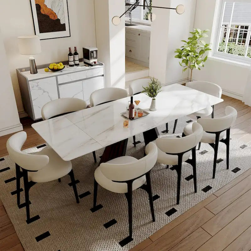 63-95 Extendable Modern Dining Table for 6-10, White Glossy Sintered Stone Tabletop