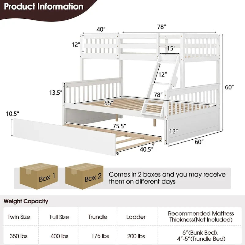Twin Over Full Bunk Bed with Twin Trundle Convertible Platform