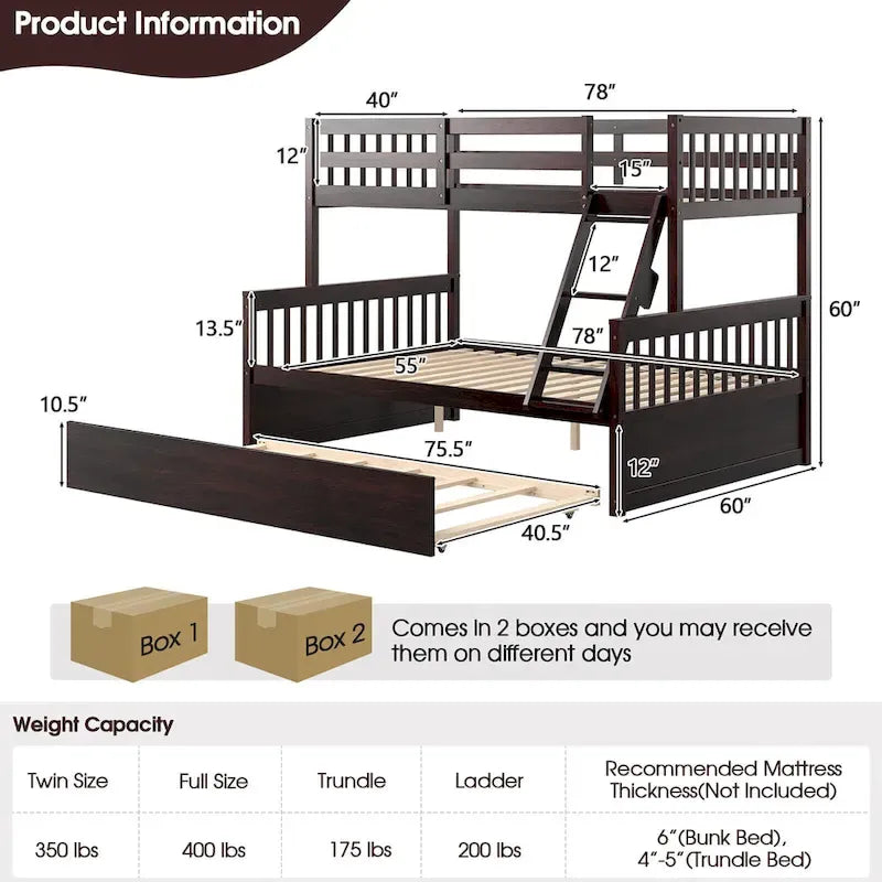 Twin Over Full Bunk Bed with Twin Trundle Convertible Platform