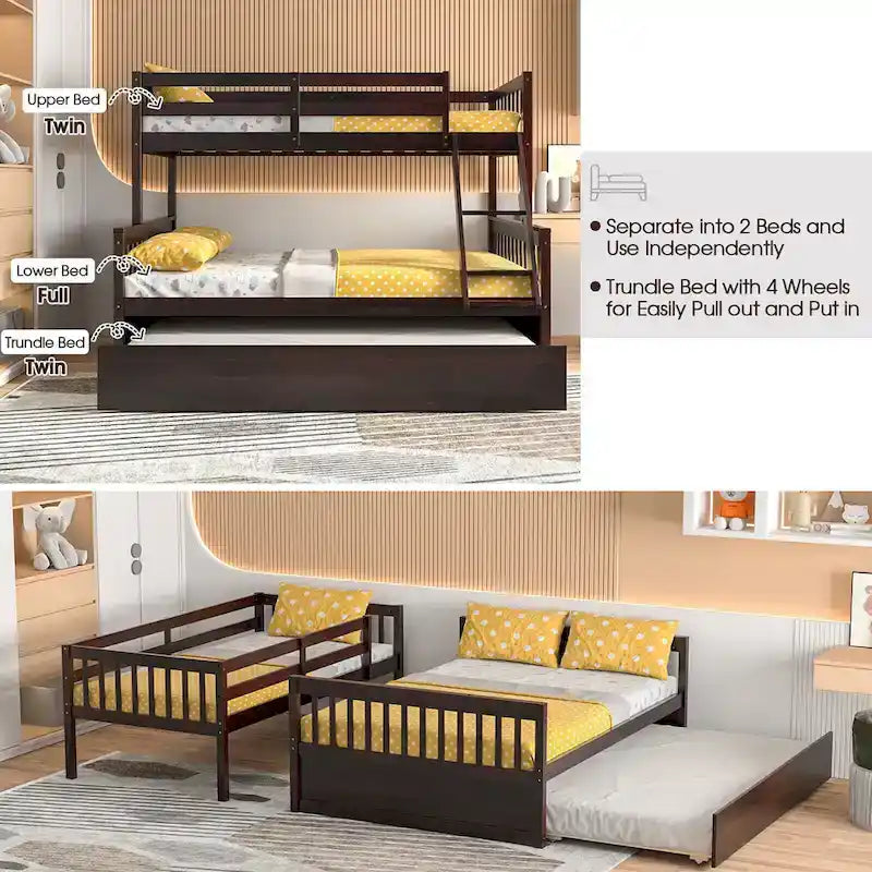 Twin Over Full Bunk Bed with Twin Trundle Convertible Platform