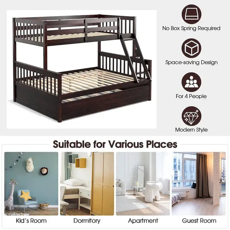Twin Over Full Bunk Bed with Twin Trundle Convertible Platform
