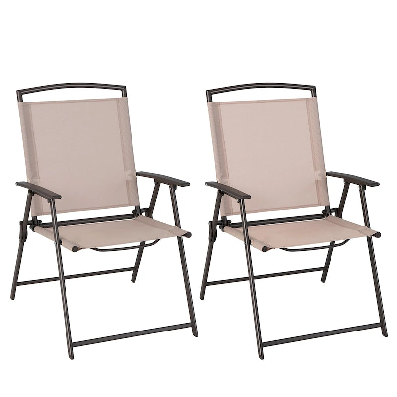 2 pcs Patio Folding Sling Dining Chairs Armrests Steel Frame - See Details