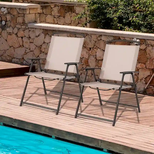 2 pcs Patio Folding Sling Dining Chairs Armrests Steel Frame - See Details