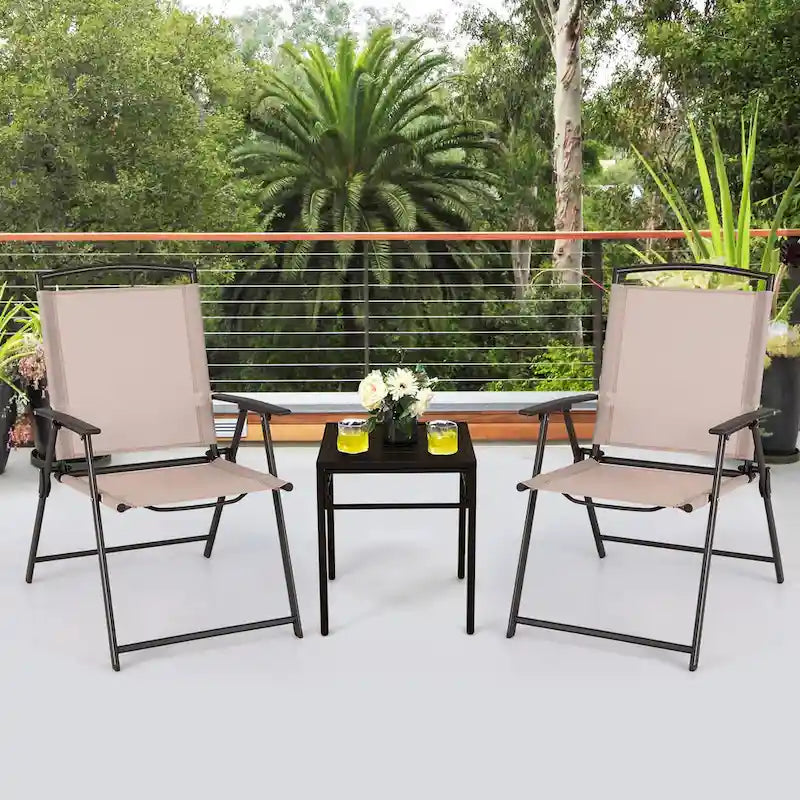 2 pcs Patio Folding Sling Dining Chairs Armrests Steel Frame - See Details