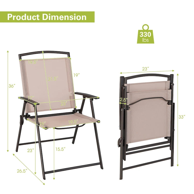 2 pcs Patio Folding Sling Dining Chairs Armrests Steel Frame - See Details