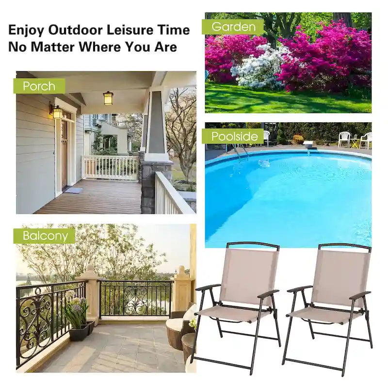 2 pcs Patio Folding Sling Dining Chairs Armrests Steel Frame - See Details