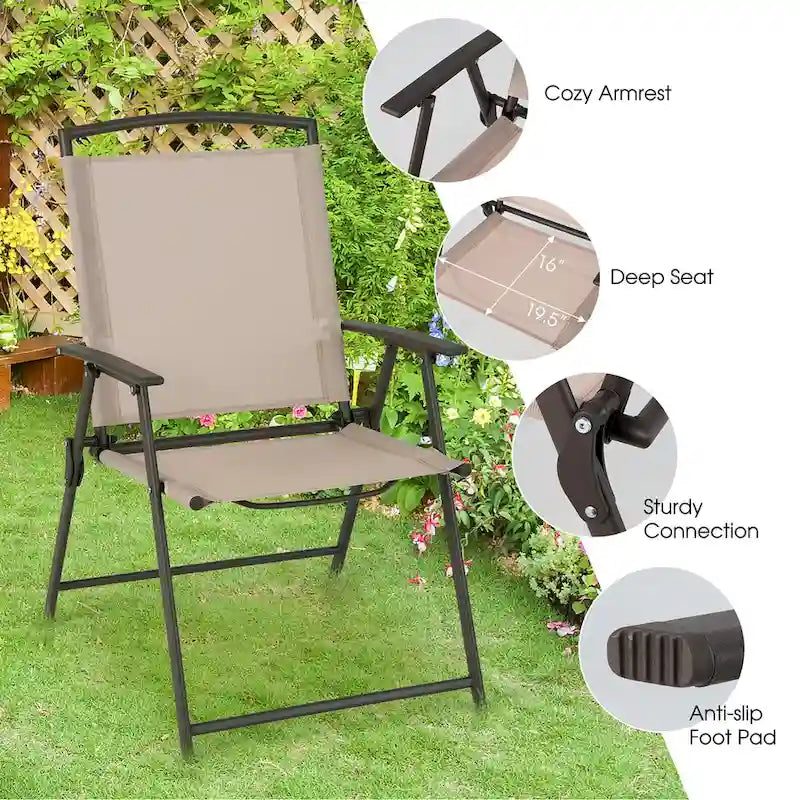 2 pcs Patio Folding Sling Dining Chairs Armrests Steel Frame - See Details