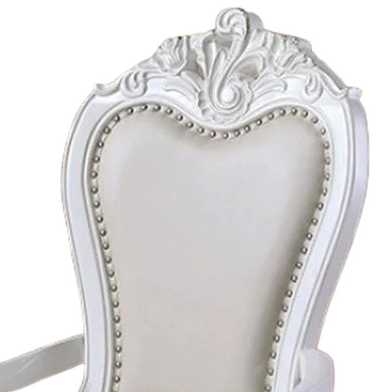 Dining Armchair Set of 2, Carved Cabriole, Faux Leather, White Wood