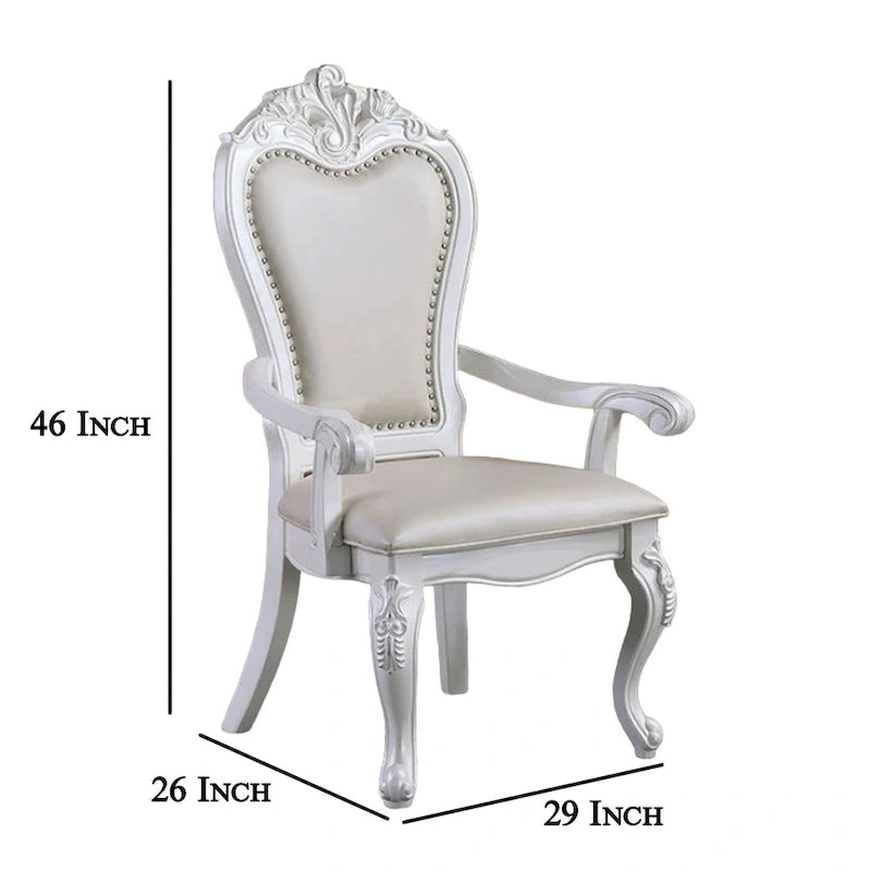 Dining Armchair Set of 2, Carved Cabriole, Faux Leather, White Wood