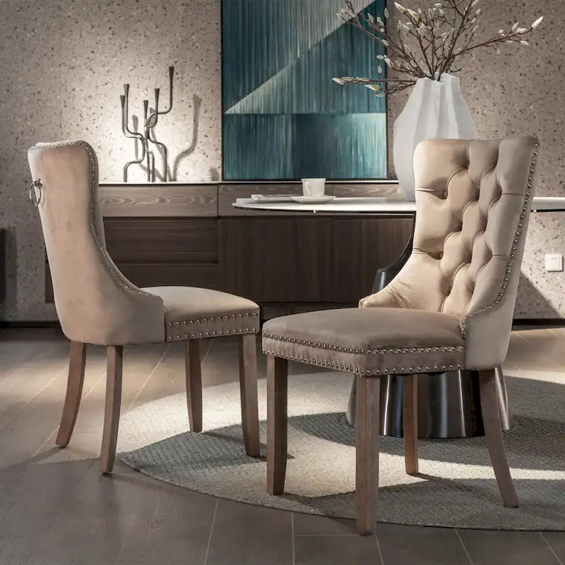 Modern Set of 2 Velvet Tufted Dining Chair with Wood Legs and Nailhead Trim
