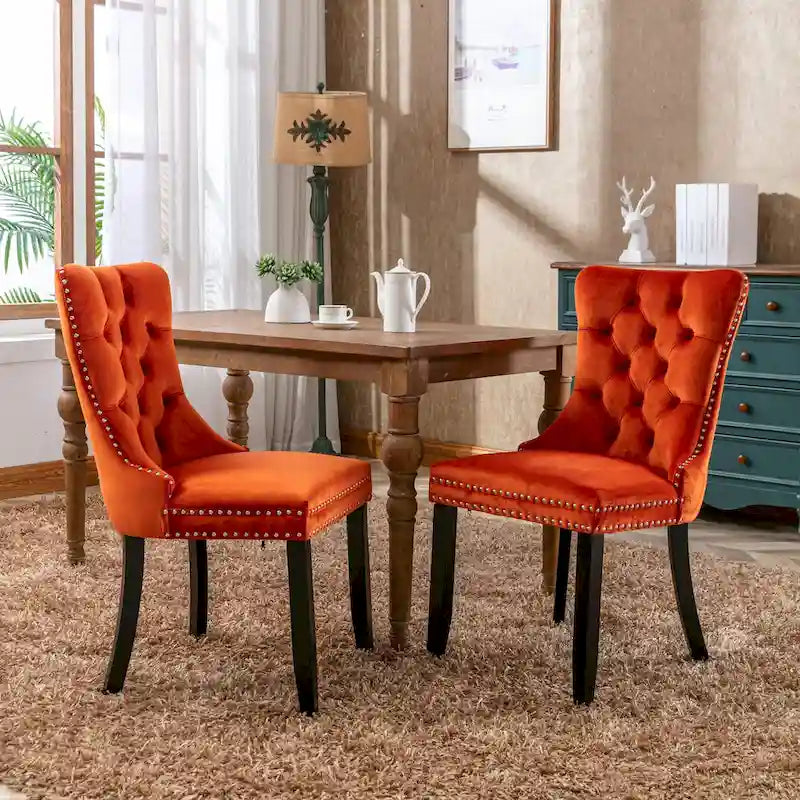 Modern Set of 2 Velvet Tufted Dining Chair with Wood Legs and Nailhead Trim