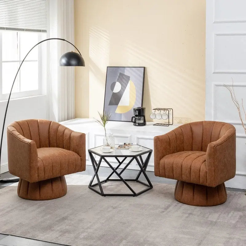 Mid-Century Swivel PU Leather Tufted Round Accent Barrel Chair set of 2