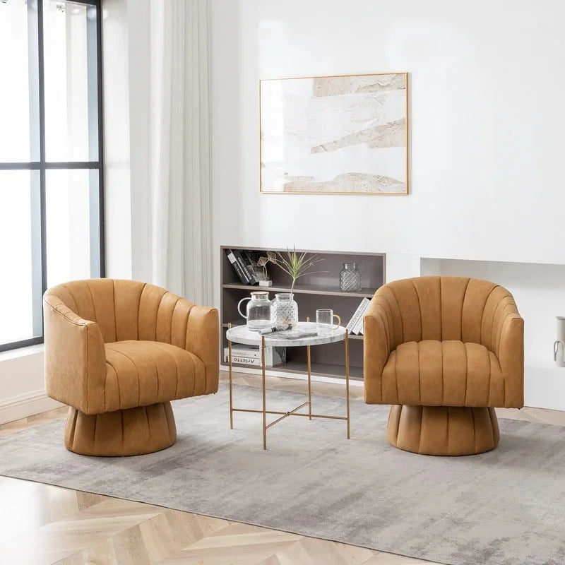 Mid-Century Swivel PU Leather Tufted Round Accent Barrel Chair set of 2