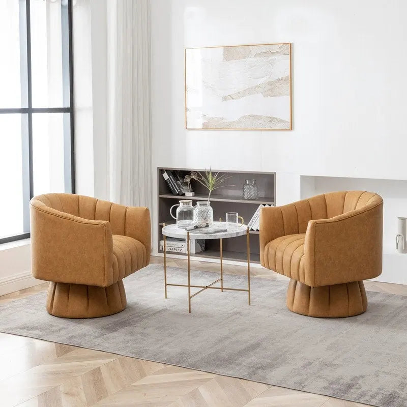 Mid-Century Swivel PU Leather Tufted Round Accent Barrel Chair set of 2