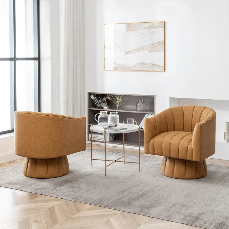 Mid-Century Swivel PU Leather Tufted Round Accent Barrel Chair set of 2