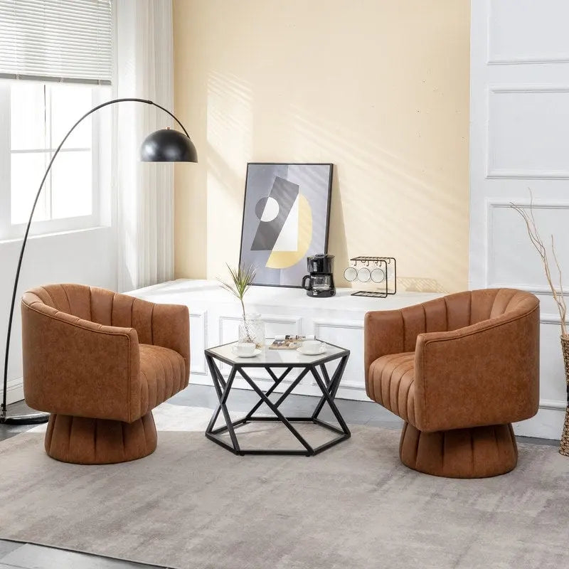 Mid-Century Swivel PU Leather Tufted Round Accent Barrel Chair set of 2