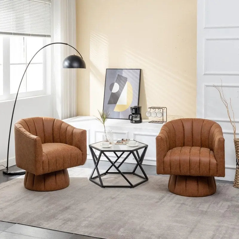 Mid-Century Swivel PU Leather Tufted Round Accent Barrel Chair set of 2