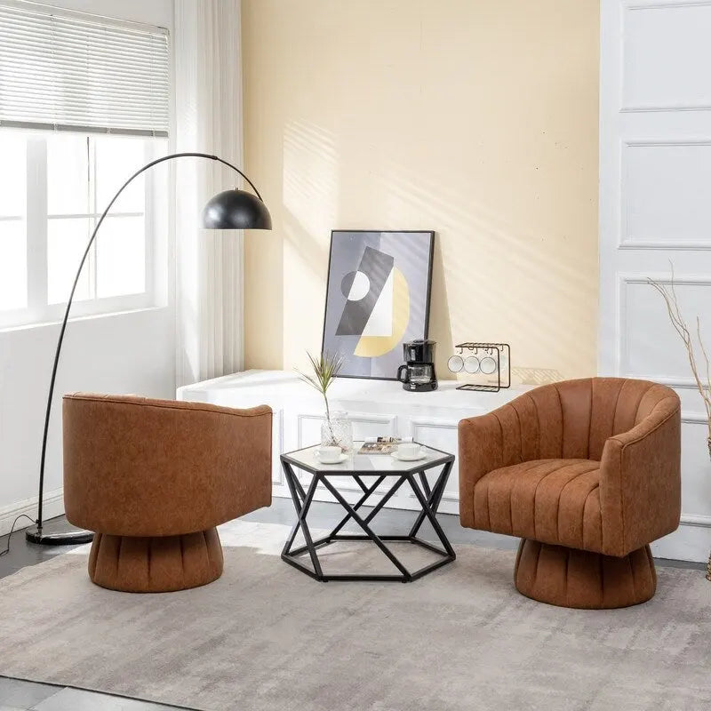 Mid-Century Swivel PU Leather Tufted Round Accent Barrel Chair set of 2