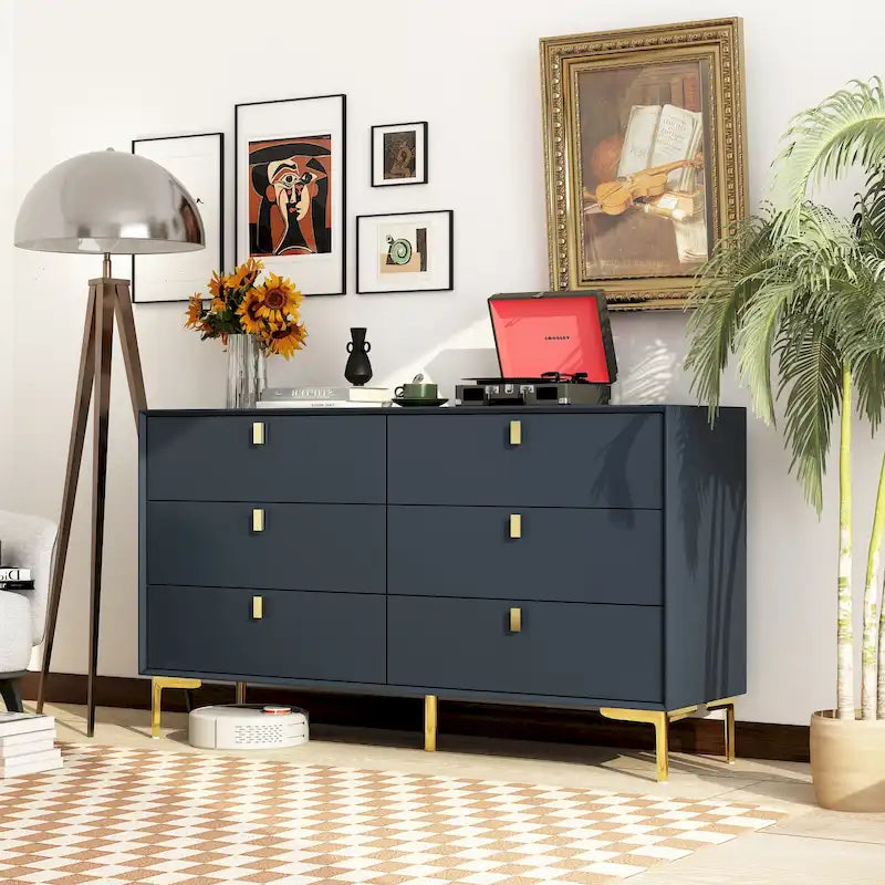 6-Drawer Double Dresser Black Gold Storage Cabinet Chest