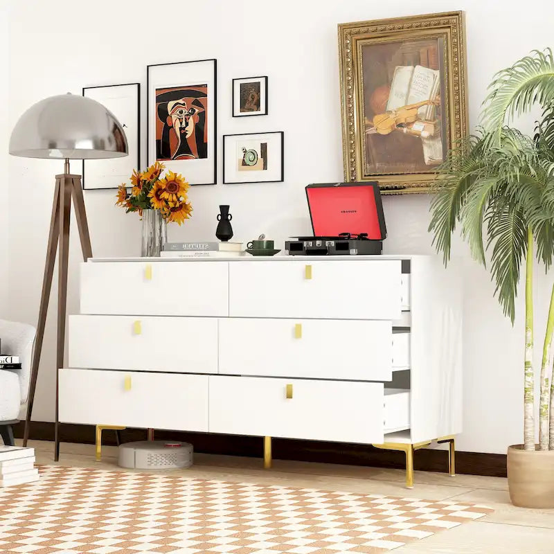 6-Drawer Double Dresser Black Gold Storage Cabinet Chest
