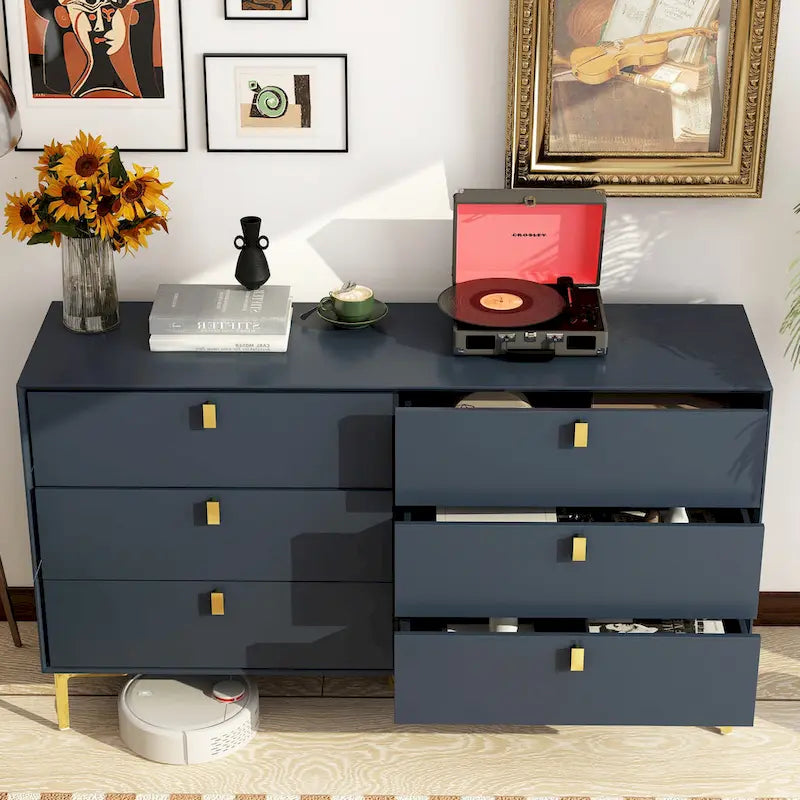 6-Drawer Double Dresser Black Gold Storage Cabinet Chest