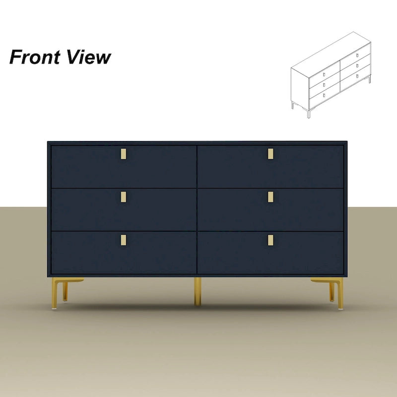 6-Drawer Double Dresser Black Gold Storage Cabinet Chest