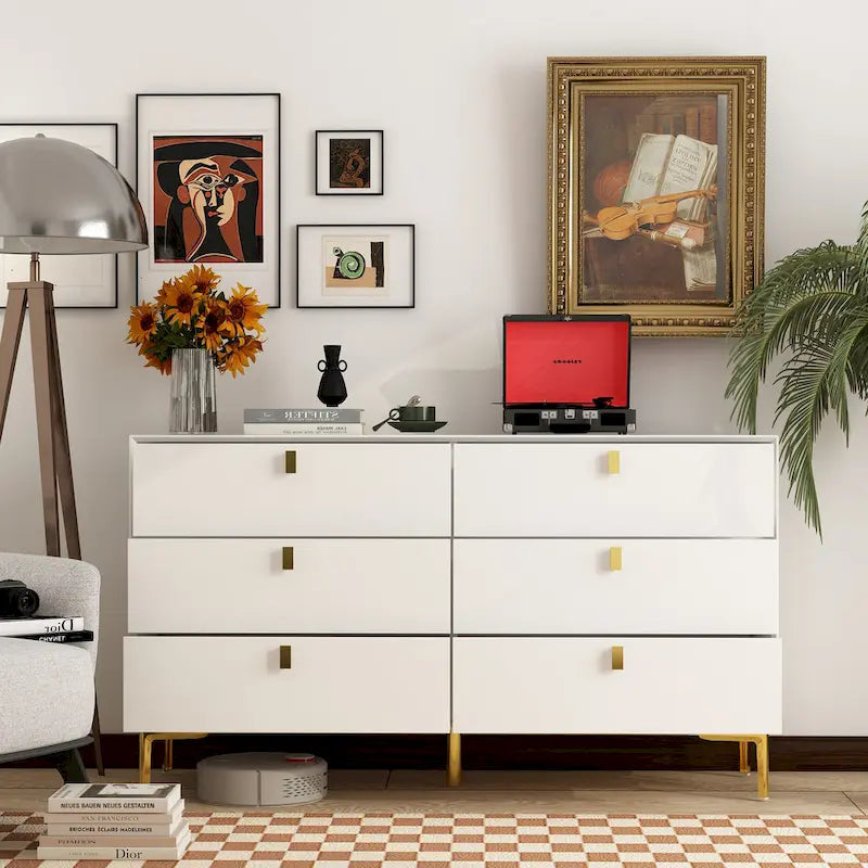 6-Drawer Double Dresser Black Gold Storage Cabinet Chest