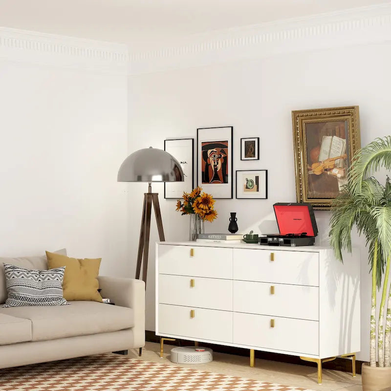 6-Drawer Double Dresser Black Gold Storage Cabinet Chest