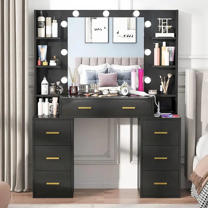 43 Makeup Vanity with 3 Color Light, Charging Station, Storage Shelves, 7 Drawers