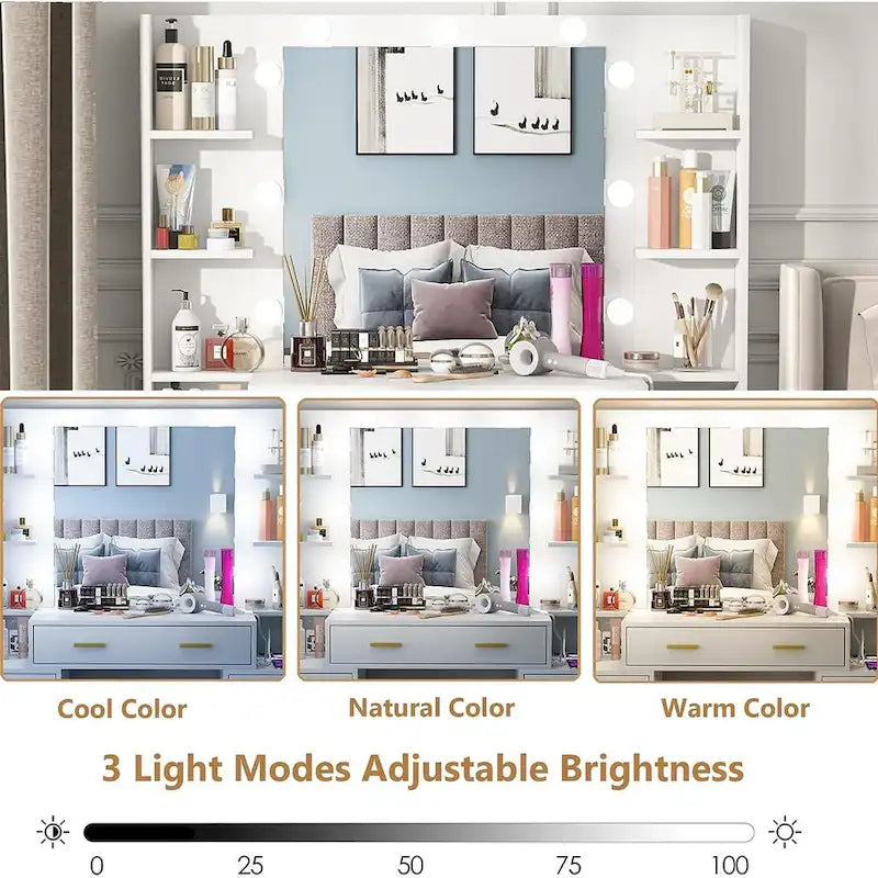 43 Makeup Vanity with 3 Color Light, Charging Station, Storage Shelves, 7 Drawers