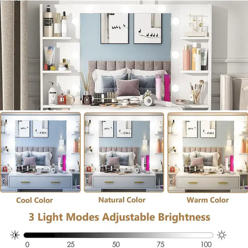 43 Makeup Vanity with 3 Color Light, Charging Station, Storage Shelves, 7 Drawers