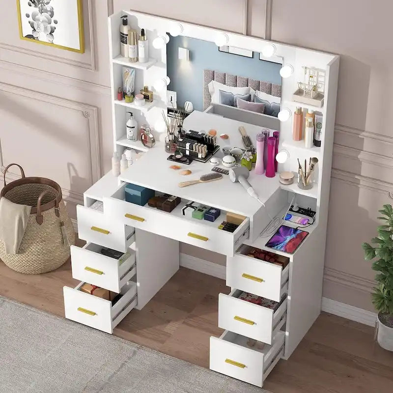 43 Makeup Vanity with 3 Color Light, Charging Station, Storage Shelves, 7 Drawers