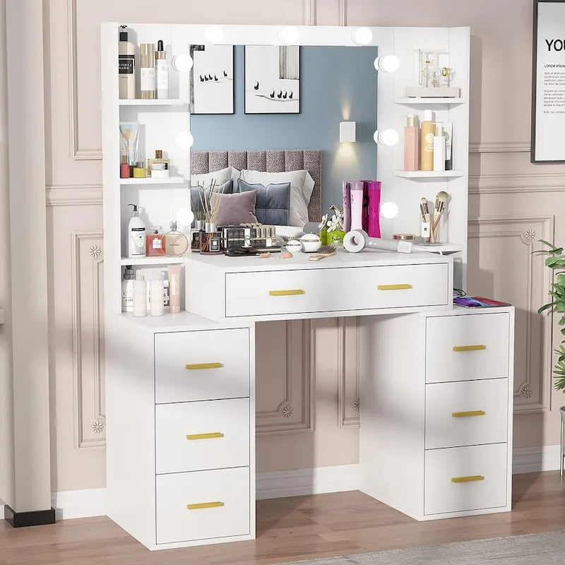 43 Makeup Vanity with 3 Color Light, Charging Station, Storage Shelves, 7 Drawers