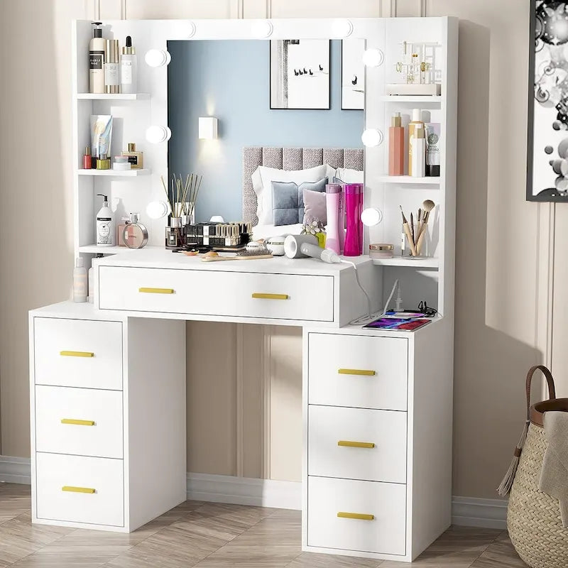 43 Makeup Vanity with 3 Color Light, Charging Station, Storage Shelves, 7 Drawers