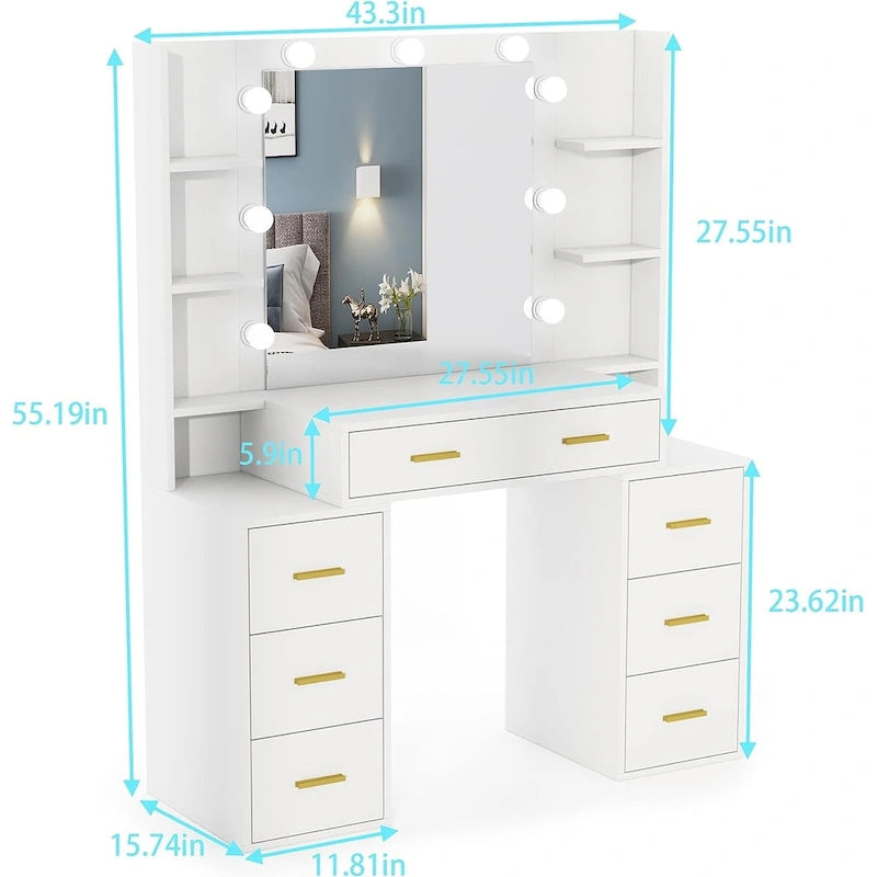 43 Makeup Vanity with 3 Color Light, Charging Station, Storage Shelves, 7 Drawers