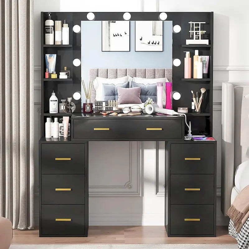 43 Makeup Vanity with 3 Color Light, Charging Station, Storage Shelves, 7 Drawers