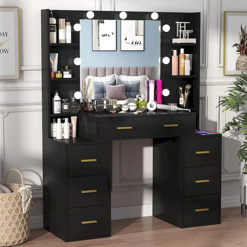 43 Makeup Vanity with 3 Color Light, Charging Station, Storage Shelves, 7 Drawers