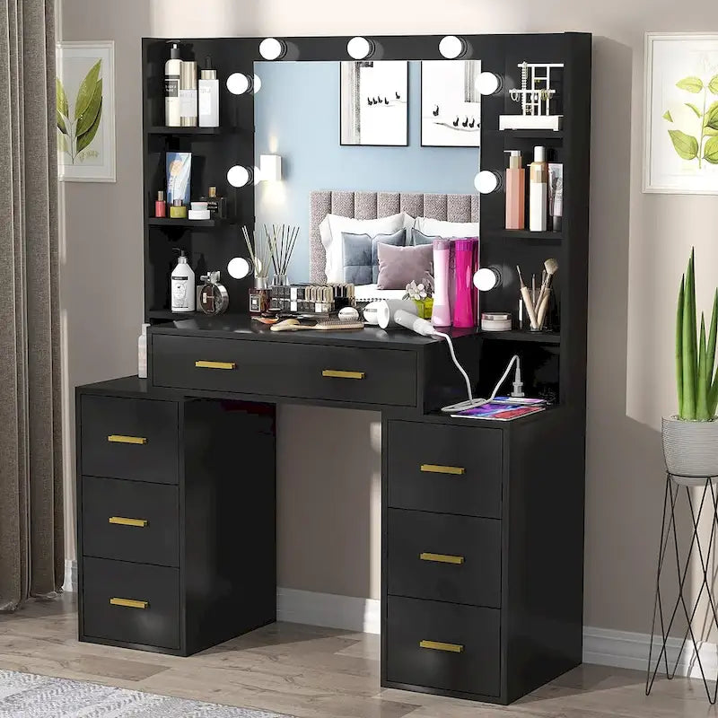 43 Makeup Vanity with 3 Color Light, Charging Station, Storage Shelves, 7 Drawers