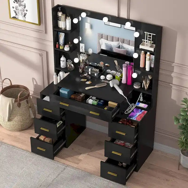 43 Makeup Vanity with 3 Color Light, Charging Station, Storage Shelves, 7 Drawers