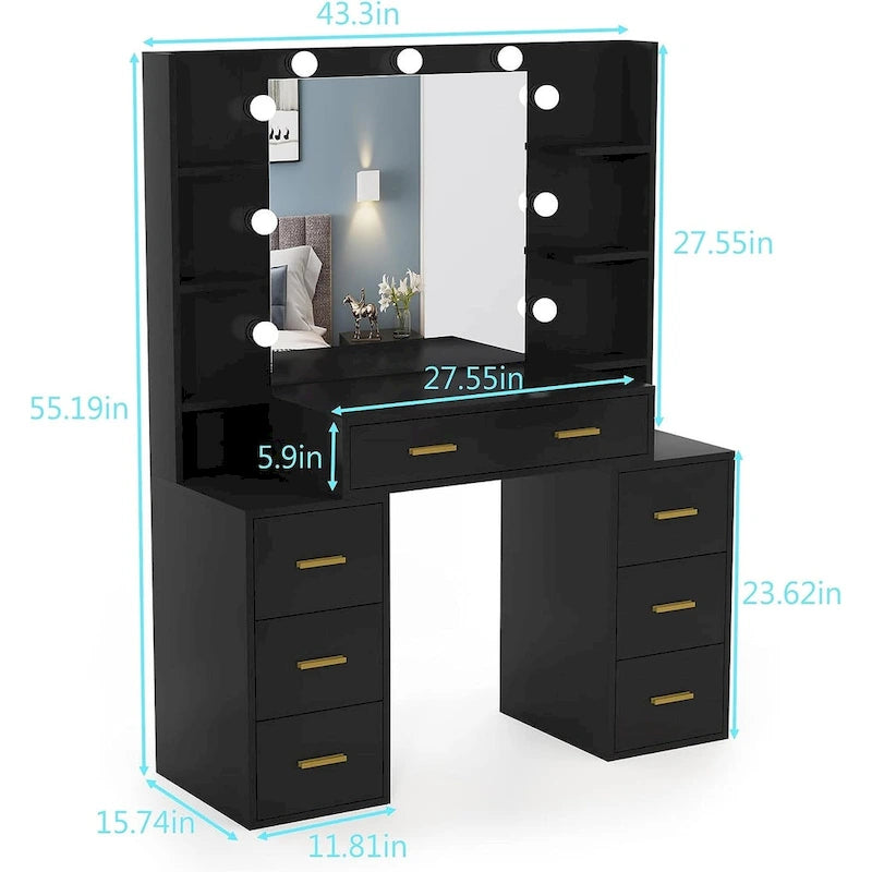 43 Makeup Vanity with 3 Color Light, Charging Station, Storage Shelves, 7 Drawers