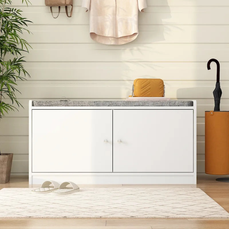 Hallway Shoes Storage Cabinet Bench with 2-Door & Padded Seat Cushion
