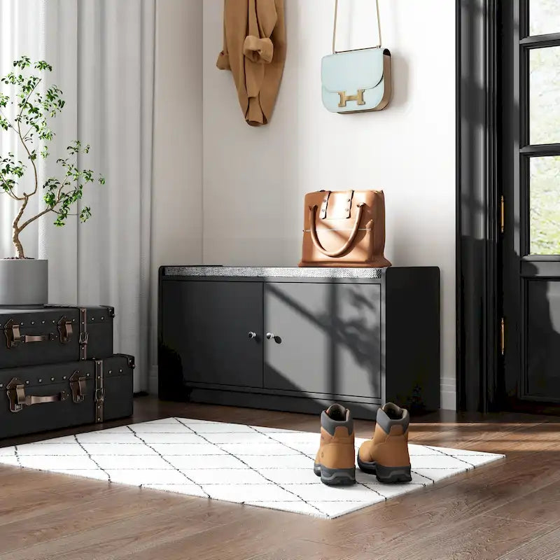 Hallway Shoes Storage Cabinet Bench with 2-Door & Padded Seat Cushion