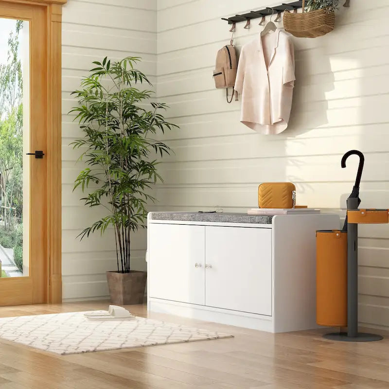 Hallway Shoes Storage Cabinet Bench with 2-Door & Padded Seat Cushion