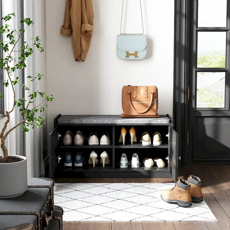 Hallway Shoes Storage Cabinet Bench with 2-Door & Padded Seat Cushion