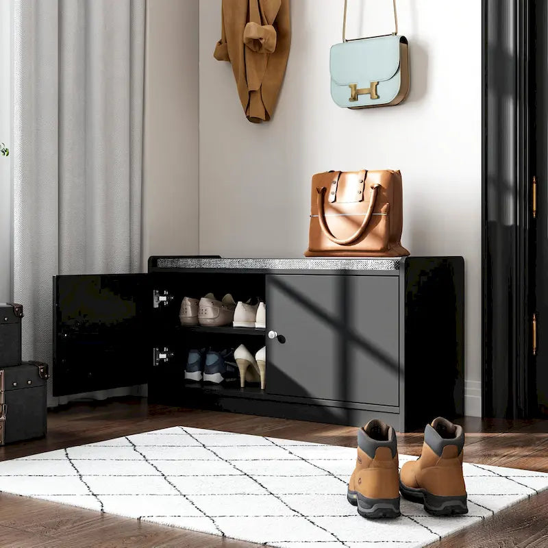 Hallway Shoes Storage Cabinet Bench with 2-Door & Padded Seat Cushion