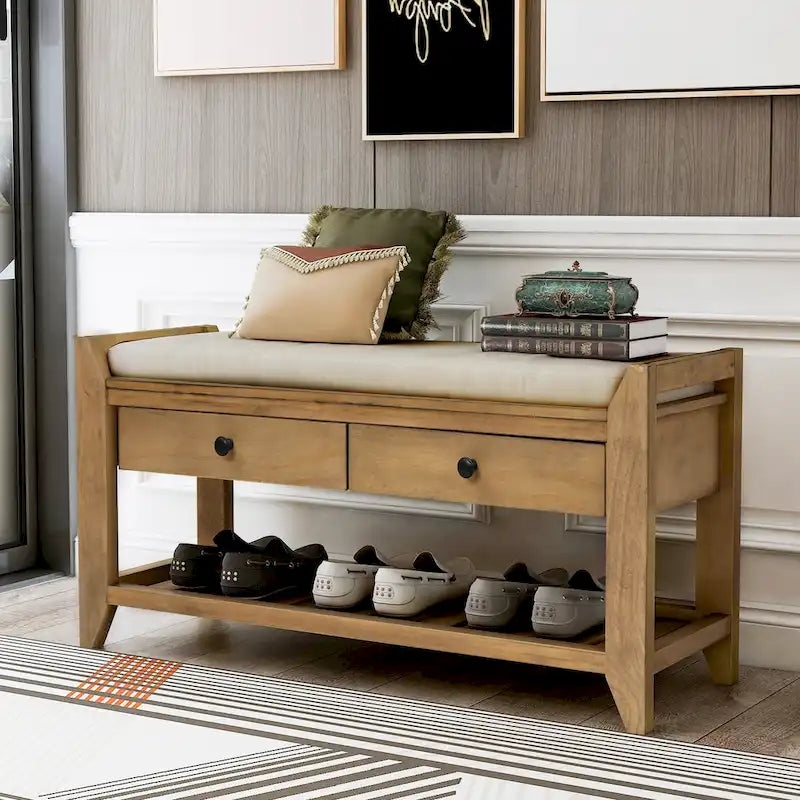 Entryway Storage Bench with Cushioned Seat and Drawers - 39L x 14W x 19.8H