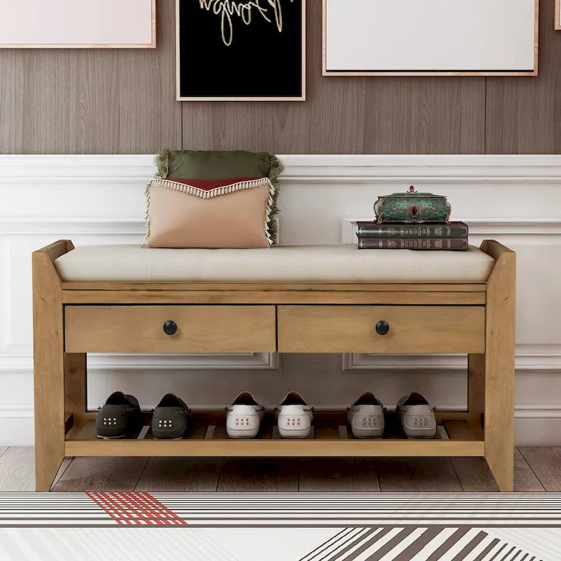 Entryway Storage Bench with Cushioned Seat and Drawers - 39L x 14W x 19.8H