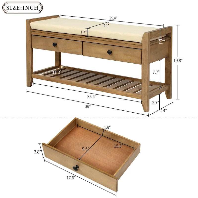 Entryway Storage Bench with Cushioned Seat and Drawers - 39L x 14W x 19.8H