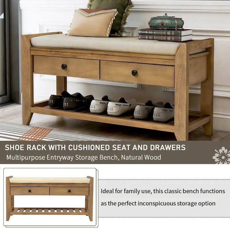 Entryway Storage Bench with Cushioned Seat and Drawers - 39L x 14W x 19.8H