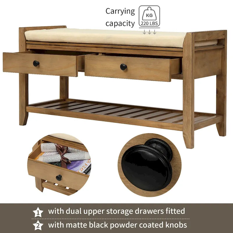 Entryway Storage Bench with Cushioned Seat and Drawers - 39L x 14W x 19.8H